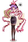  1girl black_headwear black_skirt bow brown_legwear frilled_shirt frills garter_belt garter_straps hat hat_bow hat_ribbon high_heels highres nagae_iku oarfish pencil_skirt purple_hair red_footwear ribbon shawl shirt skirt thigh-highs touhou usuusu white_shirt 