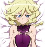  1girl a_k_g_e_0325 absurdres blonde_hair blue_eyes blush braid braided_ponytail carol_malus_dienheim flat_chest highres long_hair looking_at_viewer lying mole mole_under_eye on_back ribs senki_zesshou_symphogear shiny shiny_hair shiny_skin sideless_outfit solo 