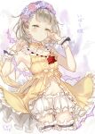  1girl bad_id bad_pixiv_id bangs bloomers_(victorian) blunt_bangs blush briar_rose_(sinoalice) closed_mouth flower frills fukuda935 green_eyes hair_flower hair_ornament head_wreath jewelry looking_at_viewer necklace pajamas rose rubbing_eyes short_hair signature sinoalice solo thigh-highs thorns tired 