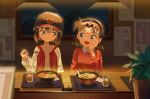  2girls :d baseball_cap black_hairband black_headwear blue_eyes blush bowl breasts brown_hair chopsticks closed_mouth collared_shirt commentary_request cup drinking_glass eye_contact food haibara_ai hairband hand_on_own_face hand_up hat highres holding holding_chopsticks ice ice_cube indoors jacket looking_at_another meitantei_conan mobu_(wddtfy61) multiple_girls night noodles open_clothes open_jacket open_mouth ramen red_jacket red_sweater shirt small_breasts smile spoon sweater tray upper_body white_shirt yoshida_ayumi 