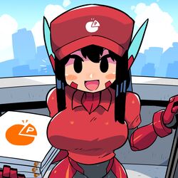  1girl :d asta_rindo black_eyes black_hair blush_stickers bodysuit bodysuit_under_clothes breasts day entrance gloves highres holding large_breasts long_hair looking_at_viewer open_mouth original pizza_box pizza_delivery rariatto_(ganguri) red_headwear red_shirt robot_ears shirt smile solo standing 