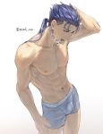 1boy abs arm_up bangs blue_hair blue_male_underwear cigarette cowboy_shot cu_chulainn_(fate)_(all) cu_chulainn_(fate/stay_night) earrings fate/stay_night fate_(series) gradient gradient_background grey_background hand_in_hair highres jewelry long_hair looking_down male_focus mondi_hl navel nipples pectorals ponytail shirtless smoke smoking solo 