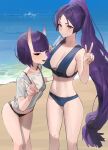  2girls absurdres bangs bikini bob_cut breasts eyeliner fate/grand_order fate_(series) highres hood_(james_x) horns large_breasts long_hair looking_at_viewer makeup minamoto_no_raikou_(fate) multiple_girls navel oni oni_horns open_mouth parted_bangs purple_hair short_hair shuten_douji_(fate) skin-covered_horns small_breasts smile swimsuit very_long_hair violet_eyes 