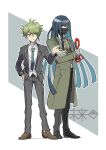  2boys alternate_costume amami_rantarou antenna_hair bandaged_hands bandages black_hair black_pants brown_coat brown_footwear brown_jacket brown_neckwear brown_pants coat collared_shirt dangan_ronpa_(series) dangan_ronpa_v3:_killing_harmony formal full_body green_eyes green_hair grey_background hand_up highres holding jacket jewelry kumakoro_(tetsupag) long_hair male_focus mask mouth_mask multiple_boys necktie pants ring rope shinguuji_korekiyo shirt shoes smile trench_coat white_background white_shirt 