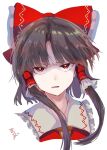  1girl angry ascot bow brown_hair frilled_bow frills hair_bow hair_tubes hakurei_reimu highres japanese_clothes long_hair looking_at_viewer matsukuzu miko nontraditional_miko red_bow red_eyes ribbon_trim touhou upper_body yellow_neckwear 