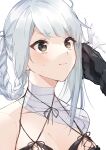 1girl absurdres asymmetrical_hair babydoll bandaged_arm bandaged_leg bandages bangs black_gloves blush braid caress closed_mouth eyebrows_visible_through_hair flower gloves hair_flower hair_ornament hand_on_another&#039;s_head highres hinakano_h kaine_(nier) lingerie long_hair looking_up lunar_tear negligee nier nier_(series) simple_background single_braid solo sweatdrop underwear weapon white_background white_hair yellow_eyes 