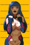  1girl absurdres android bangs barcode blue_eyes blue_sleeves blunt_bangs breasts detached_sleeves highres large_breasts long_hair navel open_mouth original red_eyes solo takefu_jiin upper_body yellow_background 