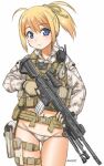  1girl assault_rifle blonde_hair brown_gloves bulletproof_vest camouflage cowboy_shot ebifly gloves grey_ribbon gun hair_ribbon holding holding_gun holding_weapon long_sleeves looking_at_viewer lowleg lowleg_panties navel original panties parted_lips ponytail ribbon rifle simple_background solo thigh_gap trigger_discipline twitter_username underwear violet_eyes walkie-talkie weapon white_background white_panties 