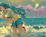  1girl aqua_hair blue_shorts blurry blurry_background clouds cloudy_sky depth_of_field foot_out_of_frame horizon klegsart long_hair original red_footwear shirt shoes short_sleeves shorts sky solo very_long_hair yellow_shirt 