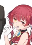  1girl absurdres bangs blush breasts brushing_teeth heterochromia highres holding holding_toothbrush hololive houshou_marine kaname_(melaninusa09) large_breasts long_hair looking_at_viewer open_mouth red_eyes redhead ribbon smile solo toothbrush toothbrush_in_mouth twintails virtual_youtuber yellow_eyes 