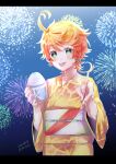  1girl emma_(yakusoku_no_neverland) fireworks food green_eyes highres japanese_clothes kimono night orange_hair short_hair tongue tp82n1r yakusoku_no_neverland yukata 