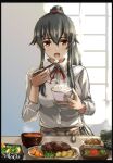  1girl alternate_costume artist_name black_border black_hair border brown_eyes chopsticks eating food food_request hiari highres kantai_collection long_hair looking_at_viewer open_mouth ponytail red_ribbon ribbon rice seitei_(04seitei) shirt sketch solo steam tan_skirt white_shirt yahagi_(kancolle) 