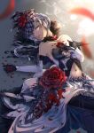  1girl blue_eyes capelet clothing_cutout dress elbow_gloves feathers flower fur-trimmed_capelet fur_trim gloves hand_on_own_chest headdress kyashii_(a3yu9mi) looking_at_viewer navel_cutout open_mouth parted_lips petals red_flower rose short_hair sidelocks sinoalice smoke snow_white_(sinoalice) solo thigh-highs veil white_hair 