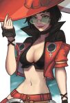  1girl bangs black_hair breasts choker fingerless_gloves gloves green_eyes guilty_gear guilty_gear_strive hat highres i-no jacket large_breasts looking_at_viewer midriff mole mole_above_mouth navel red_jacket red_lips short_hair smile sunglasses venus_symbol very_short_hair witch_hat 