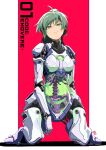  1girl android automatic_giraffe breasts character_name expressionless green_eyes green_hair head_tilt looking_up medium_breasts open_hand original science_fiction sitting solo spine wariza 