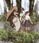  1girl absurdres black_hair black_skirt collared_shirt hat_on_back highres long_hair open_mouth original outdoors plant pleated_skirt ponytail shirt short_sleeves signature skirt staff tanuki walking white_shirt zennosuke 