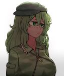  1girl camouflage camouflage_headwear camouflage_jacket camouflage_print camouflage_shirt collared_shirt flat_cap green_eyes green_hair green_headwear green_shirt green_skirt hat highres jacket key shaded_face shirt skirt touhou white_background yamashiro_takane 