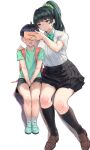  1boy 1girl backpack bag black_hair black_legwear blush bow bowtie breasts cellphone expressionless highres kneehighs loafers long_hair mochirong open_mouth original phone pleated_skirt ponytail red_eyes school_uniform shoes sitting skirt smartphone socks sweatdrop white_legwear 