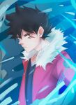  1boy absurdres artist_jeezart black_hair black_shirt closed_mouth fur_trim green_eyes highres jacket lips long_sleeves looking_at_viewer male_focus open_clothes open_jacket original red_jacket scar self_upload shirt solo upper_body 
