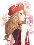  1girl absurdres bag breasts brown_hair english_commentary eyelashes floral_background from_behind handbag hanny_(uirusu_chan) hat high-waist_skirt highres long_hair low-tied_long_hair pokemon pokemon_(game) pokemon_xy red_skirt redhead redrawn serena_(pokemon) skirt sleeveless small_breasts smile solo sunglasses upper_body wavy_hair white-framed_eyewear white_background 