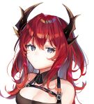  1girl :/ arknights bare_shoulders chest_belt demon_girl demon_horns dress hncx3355 horns long_hair looking_at_viewer redhead solo surtr_(arknights) violet_eyes 