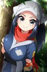  1girl absurdres blue_eyes blue_hair breasts female_protagonist_(pokemon_legends:_arceus) forest highres large_breasts nature plant poke_ball pokemon pokemon_(game) pokemon_legends:_arceus scarf solo sunlight totallyiryanic tree 