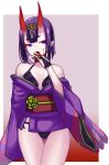  1girl bangs bare_shoulders blood blood_on_face bloody_hands bob_cut breasts bridal_gauntlets collarbone eyeliner fate/grand_order fate_(series) finger_licking haiiro_gundan headpiece horns japanese_clothes kimono licking long_sleeves looking_at_viewer makeup obi off_shoulder oni oni_horns purple_hair purple_kimono revealing_clothes sash short_hair shuten_douji_(fate) skin-covered_horns small_breasts thighs tongue tongue_out violet_eyes wide_sleeves 
