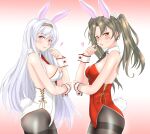  2girls alternate_costume animal_ears black_legwear black_neckwear breasts brown_eyes bunny_tail dark_green_hair detached_collar fake_animal_ears fake_tail hair_ribbon hairband highres kantai_collection leotard long_hair medium_breasts multiple_girls necktie nitamago_(sakamalh) pantyhose playboy_bunny rabbit_ears red_leotard red_neckwear ribbon shoukaku_(kancolle) side-tie_leotard small_breasts strapless strapless_leotard tail thighband_pantyhose twintails white_hair white_leotard white_ribbon wrist_cuffs yellow_eyes zuikaku_(kancolle) 