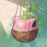  basket blurry bubble closed_eyes closed_mouth gen_2_pokemon hoppip leaf no_humans ojikano pokemon pokemon_(creature) signature sleeping smile solo 