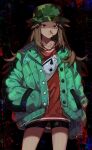  1girl :/ bike_shorts blood brown_eyes brown_hair camouflage chariko green_jacket hands_in_pockets highres jacket leaf_(pokemon) long_hair nosebleed orange_shirt pokemon pokemon_(game) pokemon_masters_ex shirt solo sparkle 