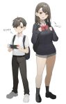  1boy 1girl age_difference backpack bag belt black_footwear black_legwear black_pants black_sweater blush bow bowtie collared_shirt full_body grey_eyes grey_hair grey_skirt hair_ornament hairclip handheld_game_console hands_up highres long_hair miniskirt nintendo_switch open_mouth original pants pleated_skirt red_bow red_neckwear ryu_(leon_esoragotonooto) shirt shoes short_hair short_sleeves simple_background skirt sleeves_past_wrists smile socks standing sweater translated white_background white_footwear white_shirt 