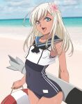  1girl amano_yoki beach blue_sky breasts clouds contrapposto covered_navel cowboy_shot flower hair_flower hair_ornament innertube kantai_collection ocean open_mouth platinum_blonde_hair ro-500_(kancolle) sailor_collar school_swimsuit sky small_breasts smile solo swimsuit swimsuit_under_clothes tan torpedo 