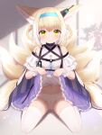  1girl :o animal_ear_fluff animal_ears arknights bare_shoulders blonde_hair blue_hairband bow bow_panties braid commentary_request fox_ears fox_girl fox_tail frilled_skirt frills hair_rings hairband hawawa highres kyuubi lifted_by_self looking_at_viewer multiple_tails panties parted_lips purple_skirt shirt sitting skirt skirt_lift solo suzuran_(arknights) tail thigh-highs twin_braids underwear wariza white_legwear white_panties white_shirt 