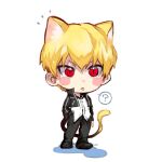  1boy :p ? animal_ears bangs black_footwear black_jacket black_pants blonde_hair blush_stickers cat_boy cat_tail chibi fate/stay_night fate_(series) gilgamesh_(fate) jacket kemonomimi_mode looking_at_viewer male_focus notice_lines pants red_eyes shiny shiny_hair shirt short_hair simple_background solo spoken_question_mark suzumetarou tail tongue tongue_out v-shaped_eyebrows white_background white_shirt 