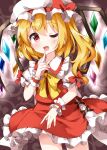  1girl :d ascot bangs blonde_hair bow bowtie brown_background cowboy_shot cross-laced_clothes crystal eyebrows_visible_through_hair finger_to_mouth flandre_scarlet hair_between_eyes hat hat_bow highres long_hair looking_at_viewer mob_cap one_eye_closed open_mouth red_bow red_eyes red_skirt red_vest ruu_(tksymkw) shirt side_ponytail skirt smile solo standing touhou vest white_headwear white_shirt wings wrist_cuffs yellow_bow yellow_neckwear 