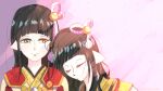  2girls black_hair blush hinoa japanese_clothes kimono long_hair minoto momono_sorube monster_hunter monster_hunter_(series) monster_hunter_rise pointy_ears siblings sleeping twins 