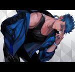  1boy alternate_costume beads bent_over black_tank_top blue_hair bracelet closed_mouth collarbone contemporary cu_chulainn_(fate)_(all) cu_chulainn_(fate/stay_night) earrings fate/stay_night fate_(series) grin hair_beads hair_ornament hand_on_own_face jacket jacket_on_shoulders jewelry long_hair looking_at_viewer makashiki_(aarni_0) male_focus ponytail red_eyes shirt smile solo spiky_hair tank_top 