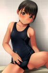  1girl absurdres bangs bare_arms bare_shoulders black_hair black_swimsuit blush brown_eyes closed_mouth eyebrows_visible_through_hair highres indoors looking_at_viewer matsunaga_kouyou nose_blush old_school_swimsuit one-piece_swimsuit original school_swimsuit solo spread_legs swimsuit tan tile_wall tiles 