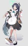  1girl :d absurdres apron aris_(blue_archive) aris_(maid)_(blue_archive) black_hair blue_archive blue_bow blue_bowtie blue_eyes bow bowtie commentary_request full_body highres jacket long_hair looking_at_viewer maid maid_apron maid_headdress mary_janes official_alternate_costume open_clothes open_jacket parted_bangs ponytail shoes short_sleeves simple_background smile socks solo sparkle standing standing_on_one_leg sukajan white_socks yuki_hishaku 
