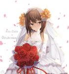  1girl alexzhang alternate_costume bouquet bridal_veil bride brown_eyes brown_hair dress elbow_gloves flat_chest flower gloves headband headgear highres holding holding_bouquet kantai_collection short_hair sleeveless sleeveless_dress smile solo taihou_(kancolle) upper_body veil wedding_dress white_dress 