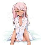  1girl bangs blush breasts chloe_von_einzbern collared_shirt dark_skin dark-skinned_female dress_shirt fate/kaleid_liner_prisma_illya fate_(series) hair_between_eyes knees_up long_hair long_sleeves orange_eyes pink_hair sen_(astronomy) shirt sidelocks sitting small_breasts white_shirt 