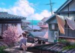  1girl blue_sky brown_hair clothesline clouds curtains day dog house laundry ocean original outdoors reengirl rooftop scrunchie shirt shoes short_hair shorts sitting sky smile sneakers t-shirt window 