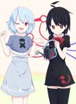  2girls ;d asymmetrical_wings bangs black_dress black_hair black_legwear blue_capelet blue_hair blue_skirt blue_wings bow bowtie bright_pupils capelet closed_mouth commentary_request cookie_(touhou) cowboy_shot dress frilled_dress frills highres holding holding_watering_can houjuu_nue konfu_nodashino_bubun looking_at_viewer meimei_(cookie) mioto_(cookie) multiple_girls one_eye_closed open_mouth red_bow red_eyes red_neckwear red_wings shirt short_dress short_hair short_sleeves skirt smile snake tatara_kogasa thigh-highs watering_can white_pupils white_shirt wings 