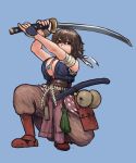  1girl absurdres bandaged_arm bandages blue_background breasts brown_eyes brown_hair brown_pants chanta_(ayatakaoisii) fighting_stance fingerless_gloves full_body gloves gourd hands_up highres holding holding_sword holding_weapon jewelry large_breasts looking_at_viewer necklace original pants pouch sash scabbard sheath simple_background solo squatting sword two-handed unsheathed weapon white_sash 