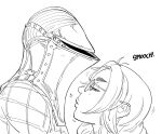  1boy 1girl armor bb_(baalbuddy) closed_eyes couple dwarf from_side glasses height_difference helmet highres kiss long_hair original plaid plaid_shirt shirt thick_eyebrows warhammer_fantasy 