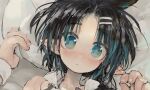  1girl black_hair blue_eyes blush close-up closed_mouth ebimomo fingernails hair_ornament hairclip hands_up looking_at_viewer lying on_back original pillow pointy_ears sketch solo 