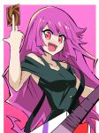  1girl :d bangs bare_shoulders card collarbone eyebrows_visible_through_hair guitar highres holding holding_card instrument kirishima_romin long_hair looking_at_viewer open_mouth pink_eyes purple_hair shirt sleeveless sleeveless_shirt smile solo synchroman very_long_hair yu-gi-oh! yu-gi-oh!_sevens 