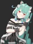  1girl absurdres animal_ears bangs bare_shoulders blush cat_ears detached_sleeves double_bun dress evening_rabbit eyebrows_visible_through_hair green_hair hair_ornament highres hololive looking_at_viewer open_mouth red_eyes short_hair skull_hair_ornament smile solo uruha_rushia virtual_youtuber 