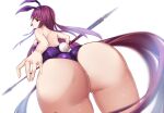  1girl animal_ears ass fate/grand_order fate_(series) from_below gae_bolg_(fate) leotard long_hair piercing_bunny playboy_bunny polearm purple_hair purple_leotard rabbit_ears red_eyes scathach_(fate) scathach_(fate)_(all) simple_background solo spear very_long_hair weapon white_background yuge_(yuge_bakuhatsu) 