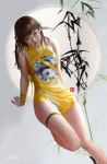  1girl absurdres bamboo bangs brown_eyes brown_hair china_dress chinese_clothes dress from_above head_tilt highres korean_commentary looking_at_viewer looking_up mam_ba original realistic solo thigh_strap yellow_dress yin_yang 